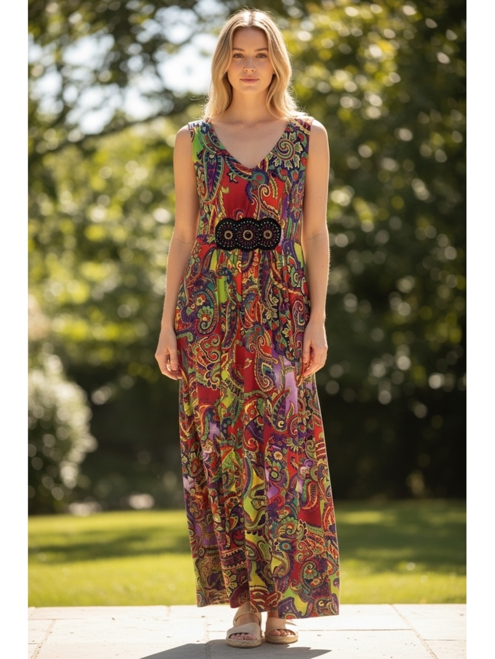New Directions Multicolor Paisley Maxi Dress with Beaded Waist Detail Size L
